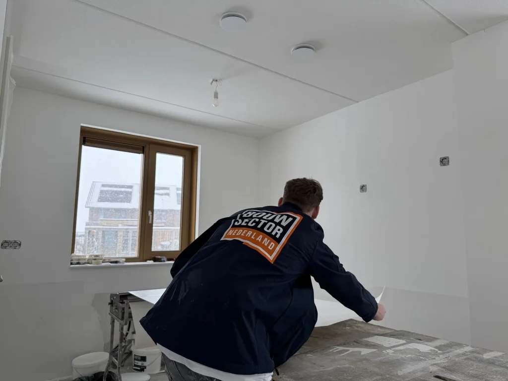 Behanger in donkerblauwe werkjas pakt een baan vlies van de plaktafel