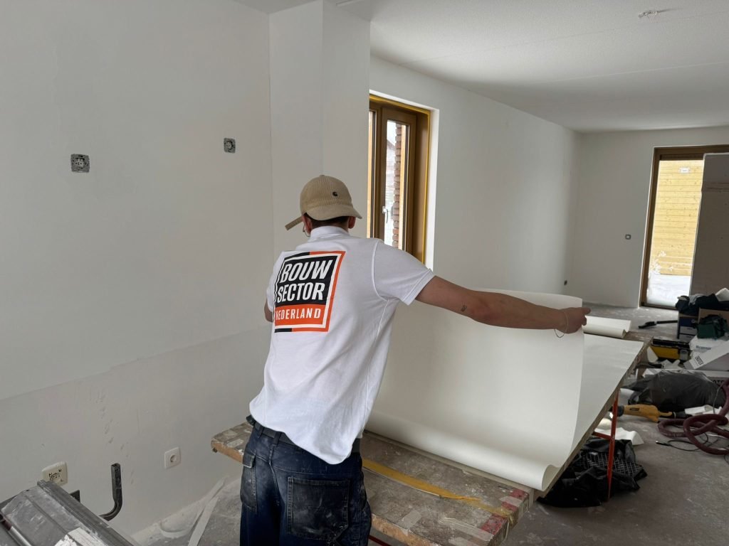 Behanger van Bouwsector Nederland rolt een baan vlies uit over de plaktafel in een kale nieuwbouwwoning